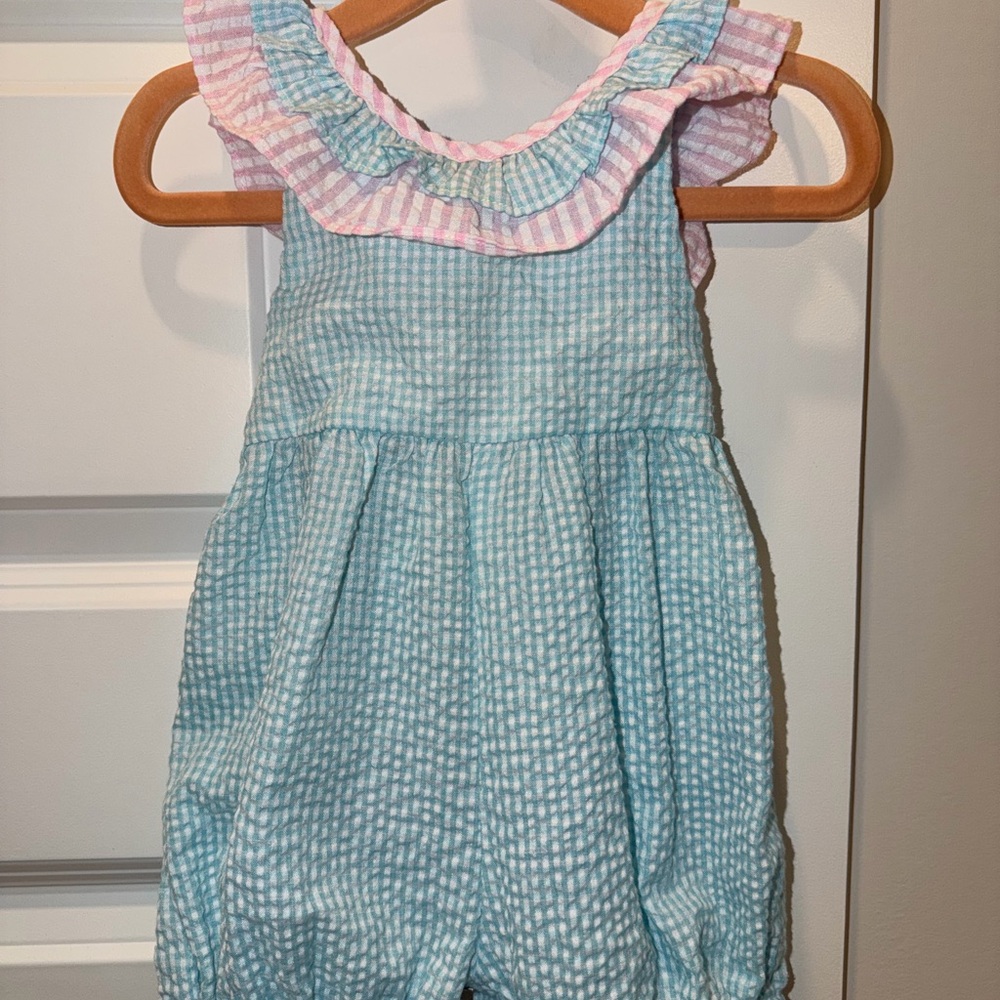 Blue and Pink Ruffled Baby Romper. Size 3m